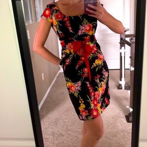 Beautiful floral print dress with red ribbon